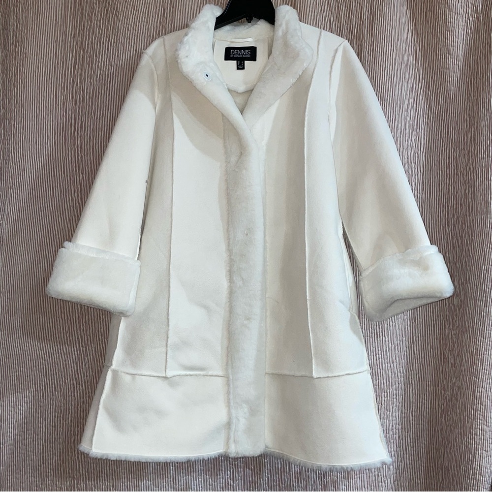 NWT Sz Lg Dennis Basso Faux Suede Snap Coat w/Faux Fur Accent, transition spring